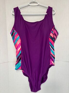 George Women’s 3X Purple One-Piece Swimsuit Bright Side Accents Beachwear